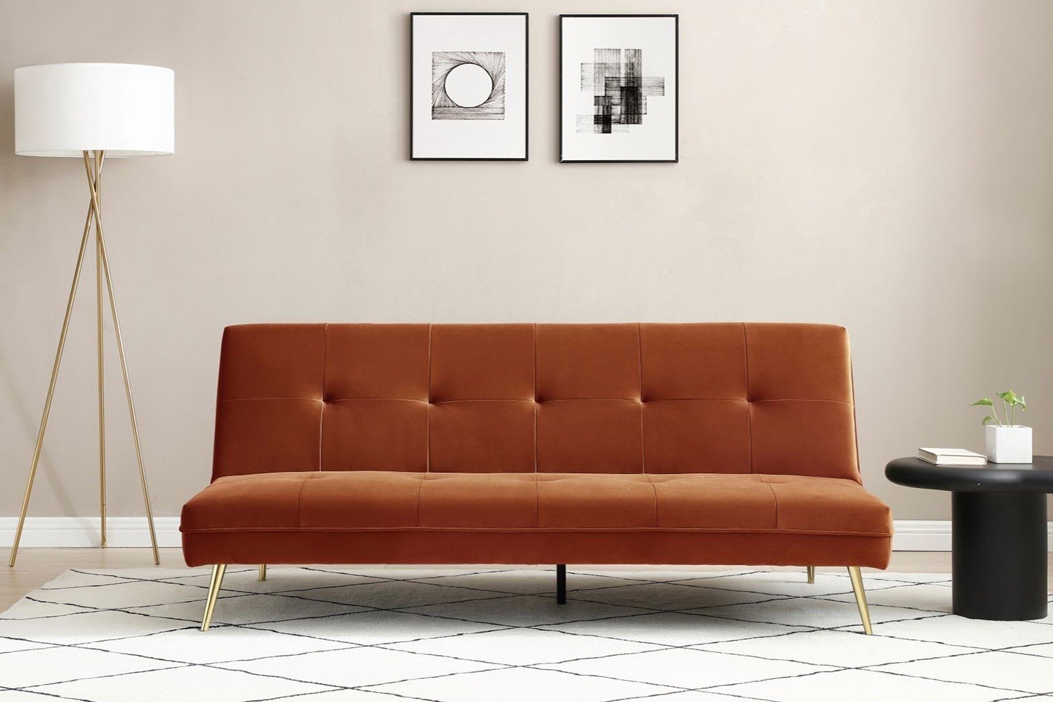 June Click Clack Burnt Orange Sofa Bed with Deep Tufting - Furniture World