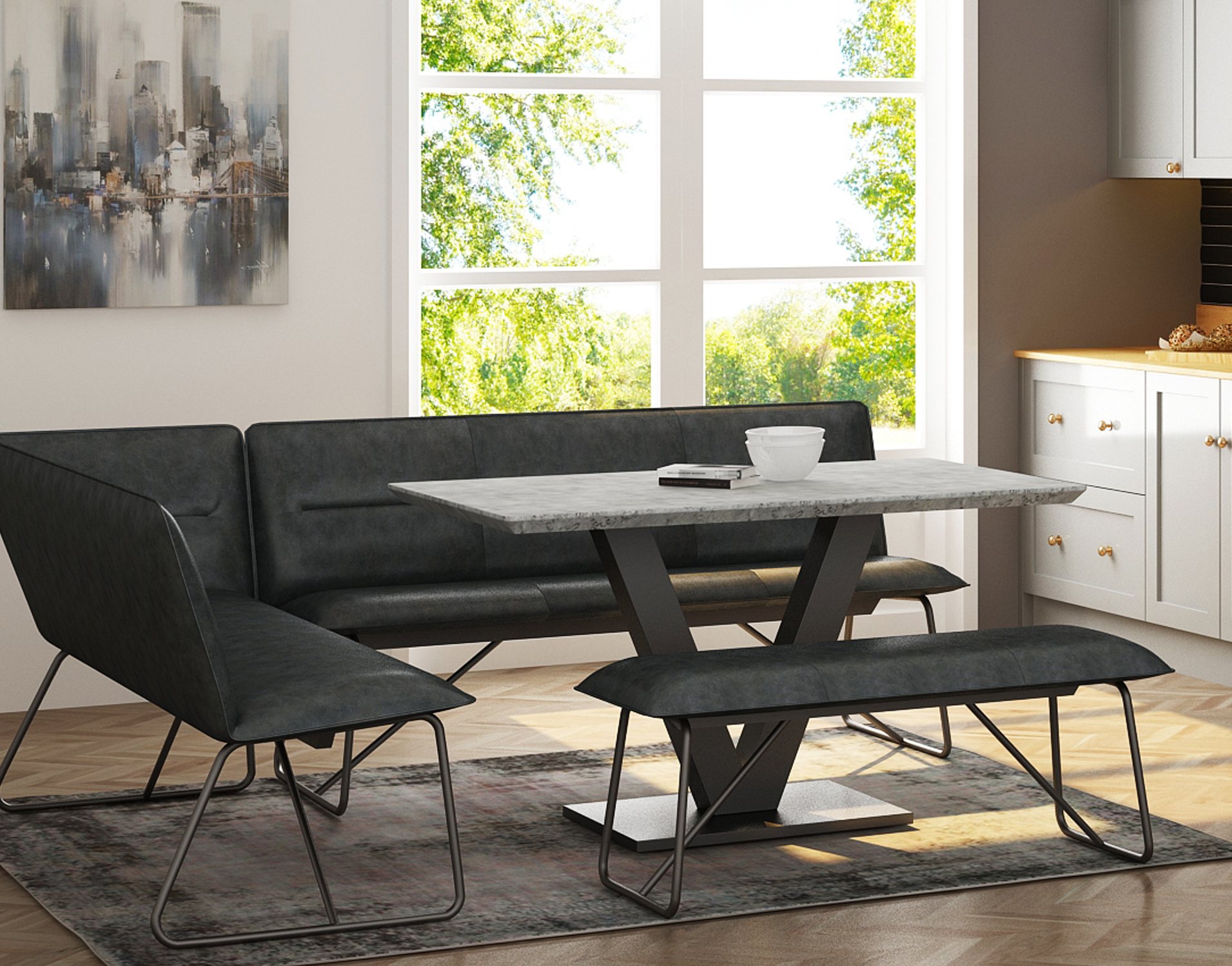 Larson Earth Industrial Corner Bench and Low Bench Dining Table Set ...