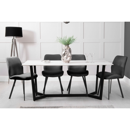 1.8m White Sintered Stone Dining Table Set with 4 x Graphite Velvet Chairs