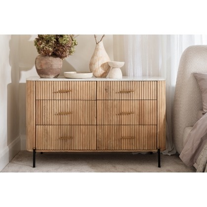Reed Mango Wood & Marble 6 Drawer Wide Chest of Drawers Reed Mango Wood & Marble 6 Drawer Wide Chest of Drawers