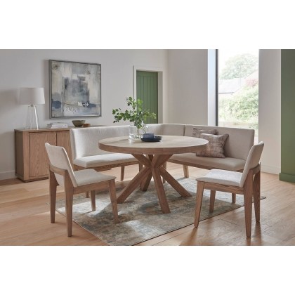 Feltz Smoked Oak 137cm Round Dining Table Set with 2 Chairs and Corner Bench Set Feltz Smoked Oak 137cm Round Dining Table Set with 2 Chairs and Corner Bench Set