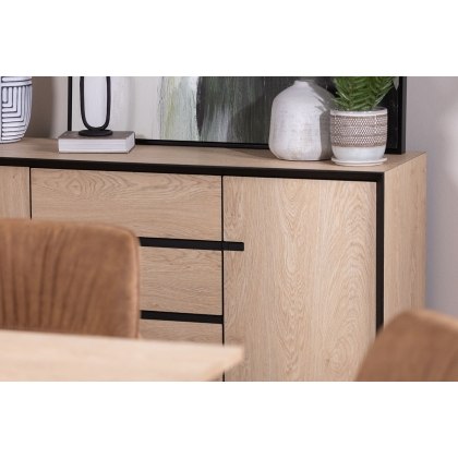 Jaxon Wide Sideboard with HPL Oak Finish & Black Metal Frame Jaxon Wide Sideboard with HPL Oak Finish & Black Metal Frame