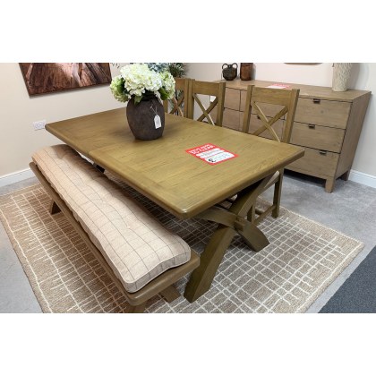 Ex-Display Truro - Smoked Oak 2.0m Cross Leg Extending Dining Table + 2.0m Bench Natural + x4 Cross Ex-Display Truro - Smoked Oak 2.0m Cross Leg Extending Dining Table + 2.0m Bench Natural + x4 Cross