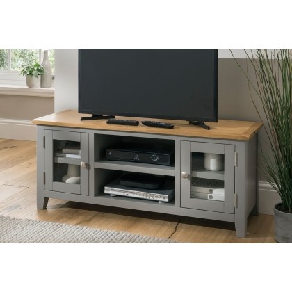Chester Oak Painted Grey - Large TV Unit 120cm Wide| Moles Breath Grey Chester Oak Painted Grey - Large TV Unit 120cm Wide| Moles Breath Grey