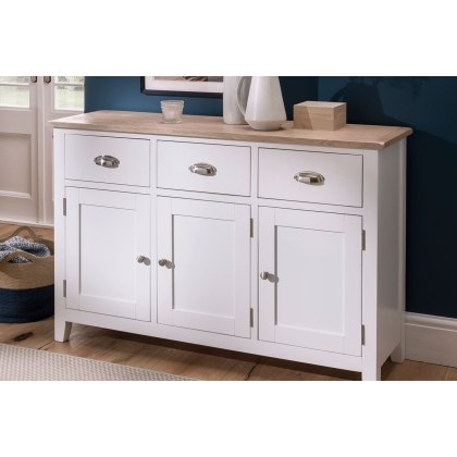 Chester Oak Painted White - Large 3 Door 3 Drawer Sideboard -130cm| F&B All White Chester Oak Painted White - Large 3 Door 3 Drawer Sideboard -130cm| F&B All White