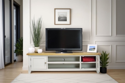 Cotswold Grey Painted Oak Extra Large TV Stand 180cm Wide Cotswold Grey Painted Oak Extra Large TV Stand 180cm Wide