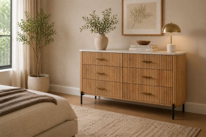 Reed Mango Wood & Marble 6 Drawer Wide Chest of Drawers Reed Mango Wood & Marble 6 Drawer Wide Chest of Drawers