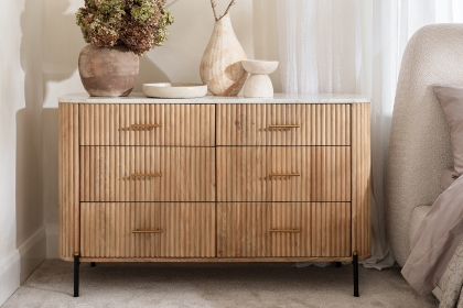 Reed Mango Wood & Marble 6 Drawer Wide Chest of Drawers Reed Mango Wood & Marble 6 Drawer Wide Chest of Drawers