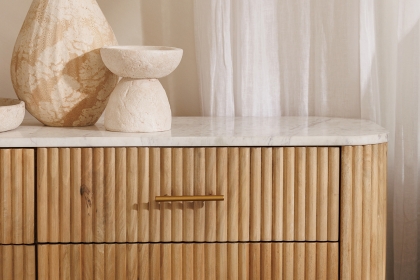 Reed Mango Wood & Marble 6 Drawer Wide Chest of Drawers Reed Mango Wood & Marble 6 Drawer Wide Chest of Drawers