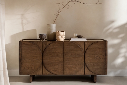 Ida Walnut Finish Wide Sideboard with Travertine Stone Top Ida Walnut Finish Wide Sideboard with Travertine Stone Top