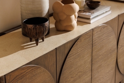 Ida Walnut Finish Wide Sideboard with Travertine Stone Top Ida Walnut Finish Wide Sideboard with Travertine Stone Top