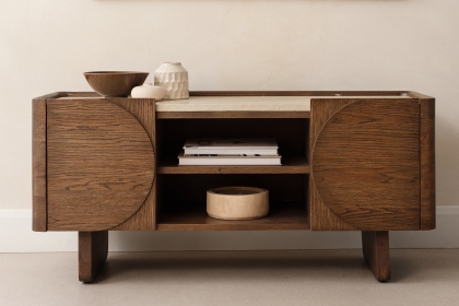 Ida Walnut Finish TV Unit with Travertine Stone Top Ida Walnut Finish TV Unit with Travertine Stone Top