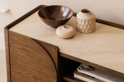 Ida Walnut Finish TV Unit with Travertine Stone Top Ida Walnut Finish TV Unit with Travertine Stone Top