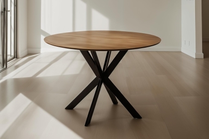 Sadie Industrial 110cm Round Dining Table in Oak Finish Sadie Industrial 110cm Round Dining Table in Oak Finish