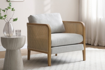 Mabe Rattan Curved Wooden Armchair with Fabric Seat