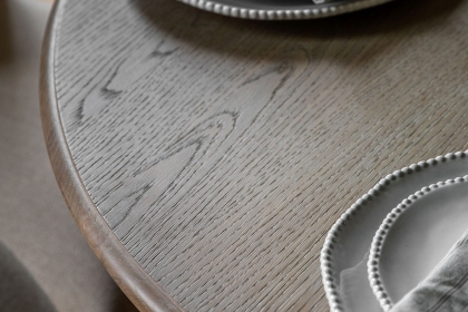 Gallery Direct Artisan Limewash Oak Extending Round Dining Table with Bobbin Detail Gallery Direct Artisan Limewash Oak Extending Round Dining Table with Bobbin Detail