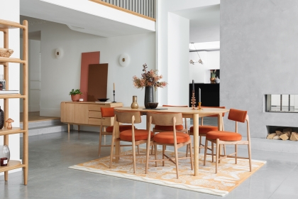 G Plan Winchester Retro Oak 130-170cm D-End Extending Dining Table Set & 4 Flora Orange Chairs G Plan Winchester Retro Oak 130-170cm D-End Extending Dining Table Set & 4 Flora Orange Chairs