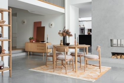 G Plan Winchester Retro Oak 130-170cm D-End Extending Dining Table Set & 4 Flora Taupe Chairs G Plan Winchester Retro Oak 130-170cm D-End Extending Dining Table Set & 4 Flora Taupe Chairs