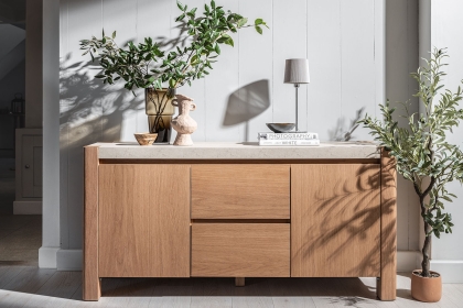 Arlo Natural Oak Wide Sideboard with Travertine Ceramic Top Arlo Natural Oak Wide Sideboard with Travertine Ceramic Top