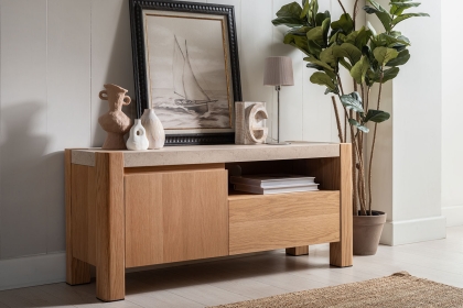 Arlo Natural Oak TV Unit with Travertine Ceramic Top Arlo Natural Oak TV Unit with Travertine Ceramic Top