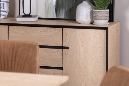 Jaxon Wide Sideboard with HPL Oak Finish & Black Metal Frame Jaxon Wide Sideboard with HPL Oak Finish & Black Metal Frame