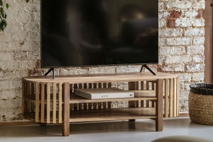 Gallery Direct Voss Mango Wood Slatted Media TV Unit Gallery Direct Voss Mango Wood Slatted Media TV Unit