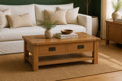 Salisbury Waxed Premium Oak Large Coffee Table With Drawer And Shelf - Self Assembly Salisbury Waxed Premium Oak Large Coffee Table With Drawer And Shelf - Self Assembly