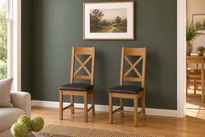 Salisbury Waxed Premium Oak Cross Back Dining Chair With Pu Seat (Pair) - Self Assembly Salisbury Waxed Premium Oak Cross Back Dining Chair With Pu Seat (Pair) - Self Assembly