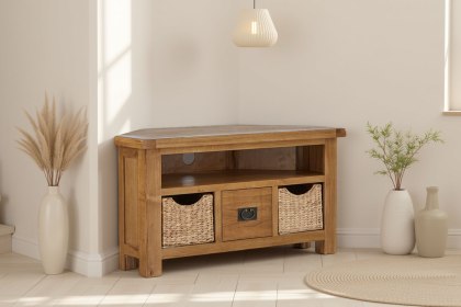 Salisbury Waxed Premium Oak Corner Tv Unit With Baskets Salisbury Waxed Premium Oak Corner Tv Unit With Baskets