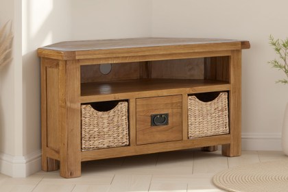 Salisbury Waxed Premium Oak Corner Tv Unit With Baskets Salisbury Waxed Premium Oak Corner Tv Unit With Baskets