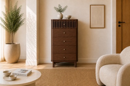 Soho Brown Oak Slatted Tallboy Chest of Drawers Soho Brown Oak Slatted Tallboy Chest of Drawers