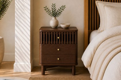 Soho Brown Oak Slatted 3 Drawer Bedside Table Soho Brown Oak Slatted 3 Drawer Bedside Table