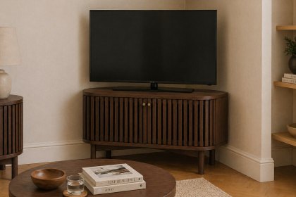Soho Brown Oak Slatted Corner TV Unit Soho Brown Oak Slatted Corner TV Unit