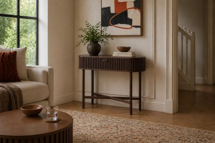 Soho Brown Oak Slatted Oval Console Table Soho Brown Oak Slatted Oval Console Table