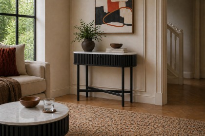 Soho Black Oak Slatted Oval Console Table with Marble Top Soho Black Oak Slatted Oval Console Table with Marble Top