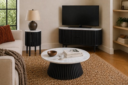 Soho Black Oak Slatted Corner TV Unit with Marble Top Soho Black Oak Slatted Corner TV Unit with Marble Top