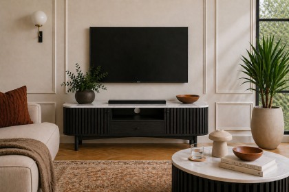 Soho Black Oak Slatted Small TV Unit with Marble Top Soho Black Oak Slatted Small TV Unit with Marble Top