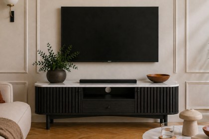 Soho Black Oak Slatted Small TV Unit with Marble Top Soho Black Oak Slatted Small TV Unit with Marble Top