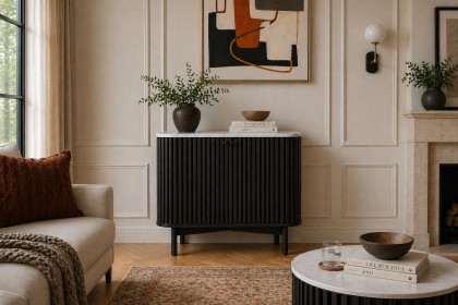 Soho Black Oak Slatted Cupboard with Marble Top Soho Black Oak Slatted Cupboard with Marble Top
