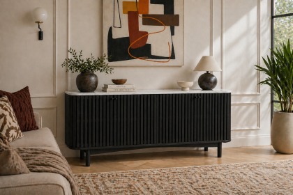 Soho Black Oak Slatted Large Sideboard with Marble Top Soho Black Oak Slatted Large Sideboard with Marble Top
