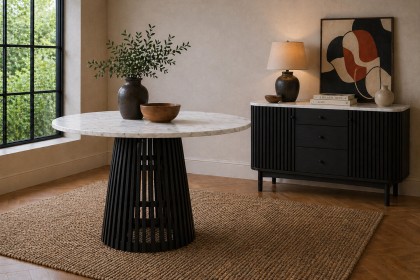 Soho Black Oak Slatted Round Dining Table with Marble Top Soho Black Oak Slatted Round Dining Table with Marble Top