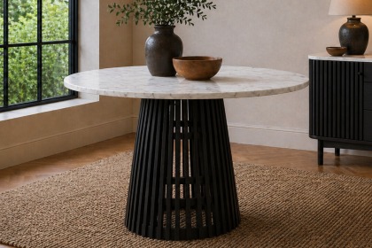 Soho Black Oak Slatted Round Dining Table with Marble Top Soho Black Oak Slatted Round Dining Table with Marble Top