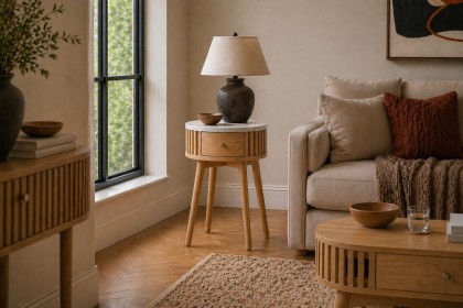 Soho Natural Oak Slatted Round Side Table with Marble Top Soho Natural Oak Slatted Round Side Table with Marble Top