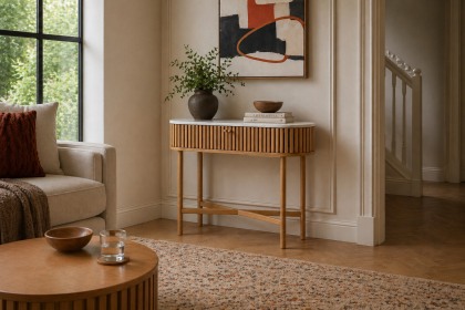 Soho Natural Oak Slatted Oval Console Table with Marble Top Soho Natural Oak Slatted Oval Console Table with Marble Top