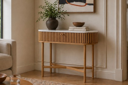 Soho Natural Oak Slatted Oval Console Table with Marble Top Soho Natural Oak Slatted Oval Console Table with Marble Top