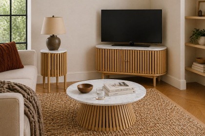 Soho Natural Oak Slatted Corner TV Unit with Marble Top Soho Natural Oak Slatted Corner TV Unit with Marble Top