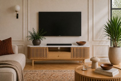 Soho Natural Oak Slatted Small TV Unit with Marble Top Soho Natural Oak Slatted Small TV Unit with Marble Top