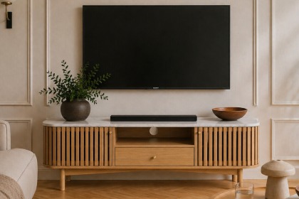 Soho Natural Oak Slatted Small TV Unit with Marble Top Soho Natural Oak Slatted Small TV Unit with Marble Top