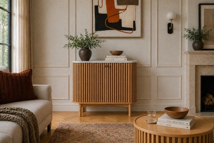 Soho Natural Oak Slatted Cupboard with Marble Top Soho Natural Oak Slatted Cupboard with Marble Top