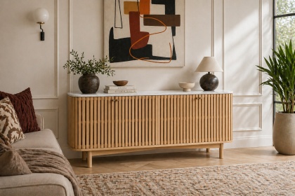 Soho Natural Oak Slatted Large Sideboard with Marble Top Soho Natural Oak Slatted Large Sideboard with Marble Top